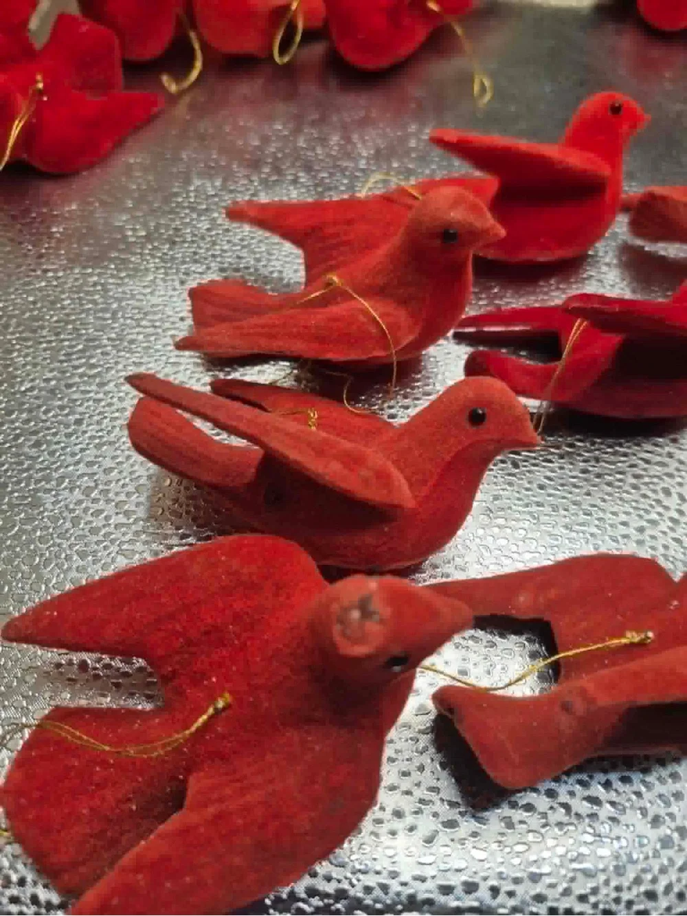 MCM Vintage Christmas Tree Ornaments Set 11 Flocked Red Felt Doves / Cardinals